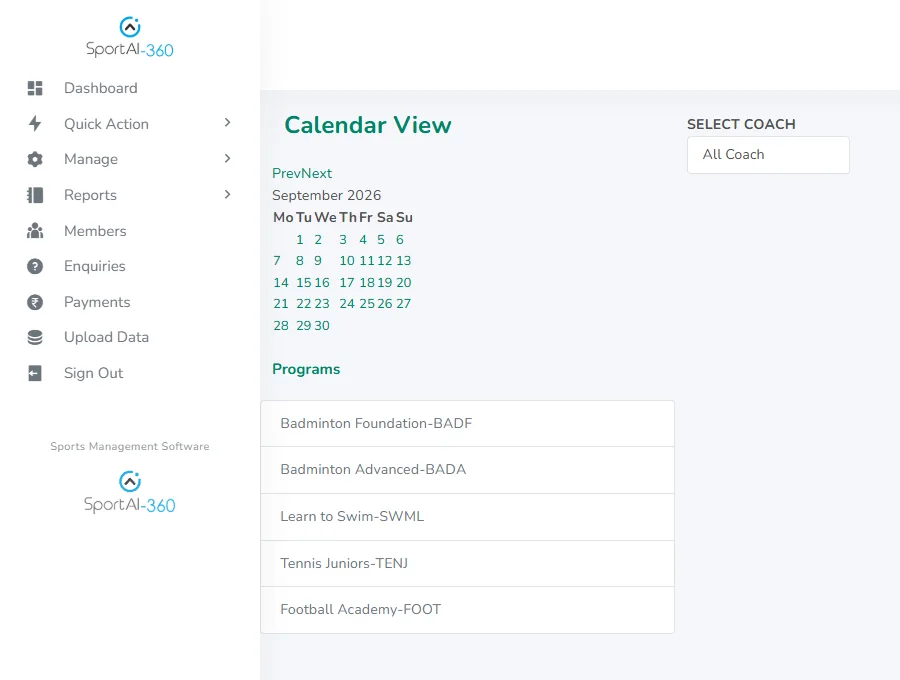 SportAI-360 calendar view for September 2026 with a coach filter and a list of programmes